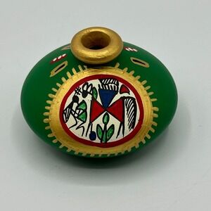 Terracotta Hand Painted Flat Warli Miniature Vase Green Gold Indian Tribal Art